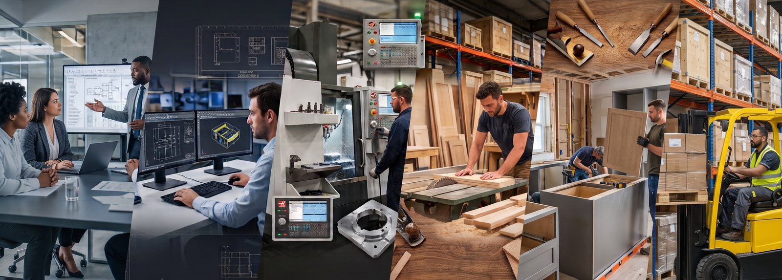Careers at AAPG: project management, CNC machining, millwork carpentry and warehouse teams at work
